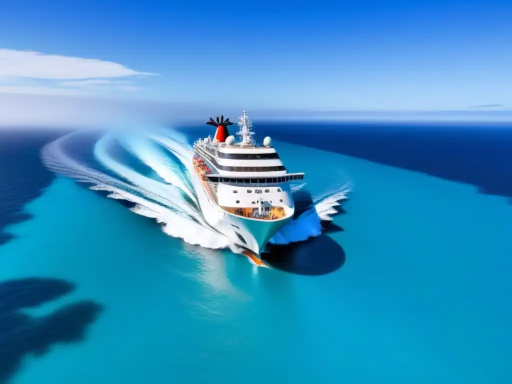 Un crucero futurista avanzando silenciosamente sobre aguas turquesas, fusionando tecnología y naturaleza