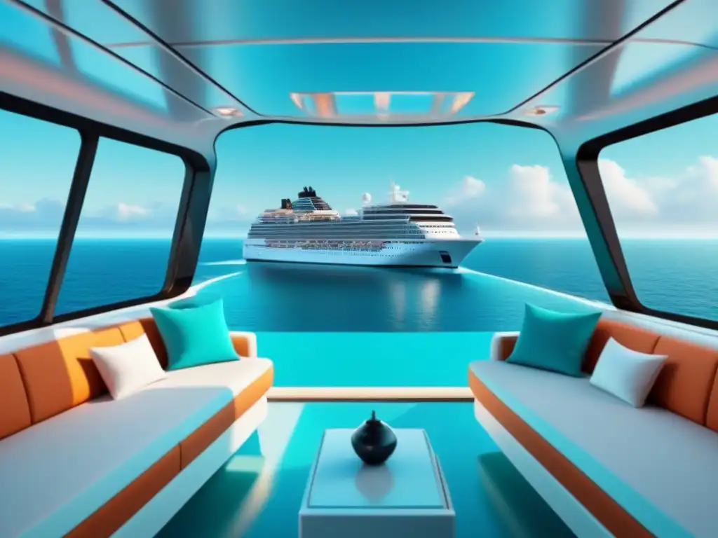 Un crucero futurista navega por aguas turquesas con tecnología AI integrada, reflejando vida marina