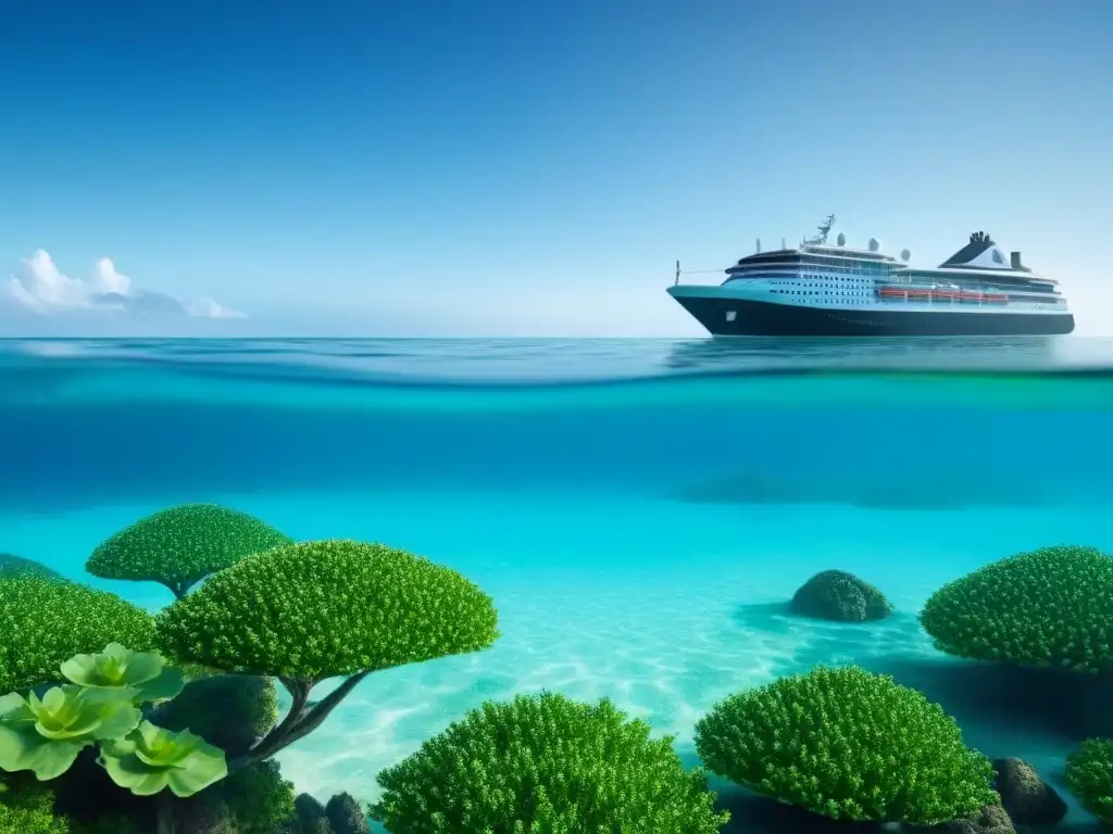 Un crucero futurista navegando por aguas turquesas, rodeado de islas verdes bajo un cielo azul claro