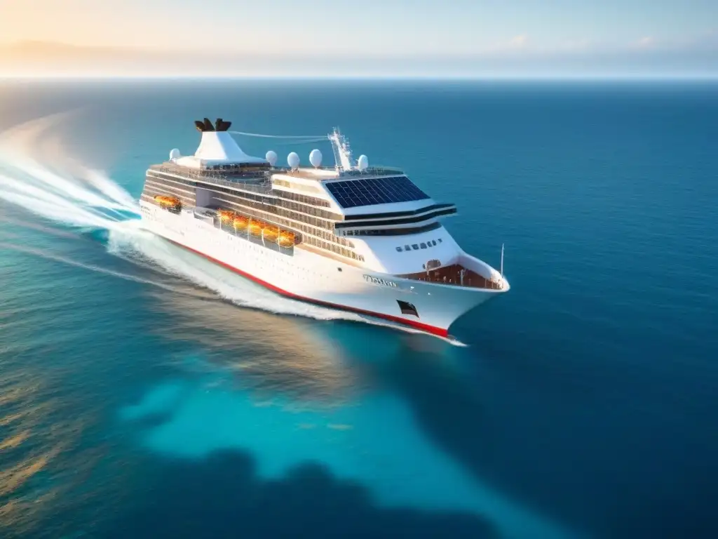 Un crucero futurista navega en aguas turquesas al atardecer, con energía solar y eólica