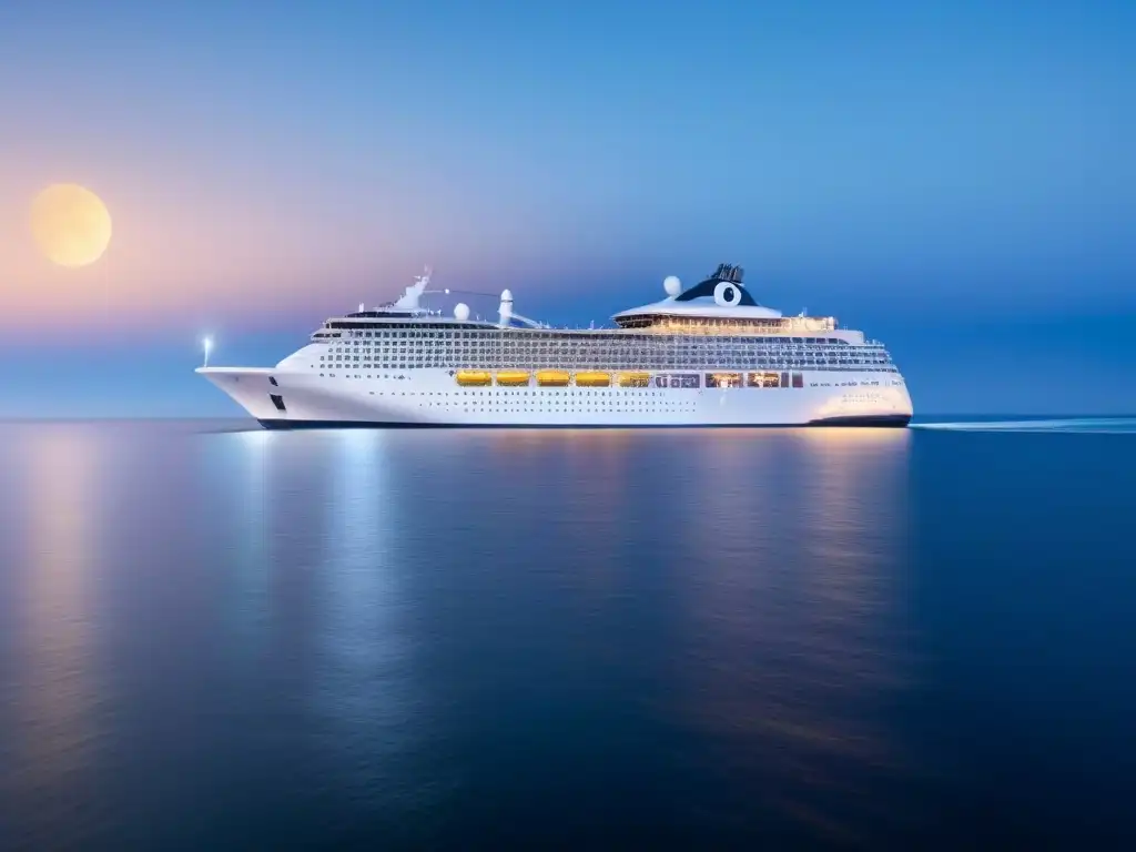 Un crucero futurista de alta tecnología navegando bajo un cielo estrellado en el mar, con iluminación ambiental suave y diseño moderno