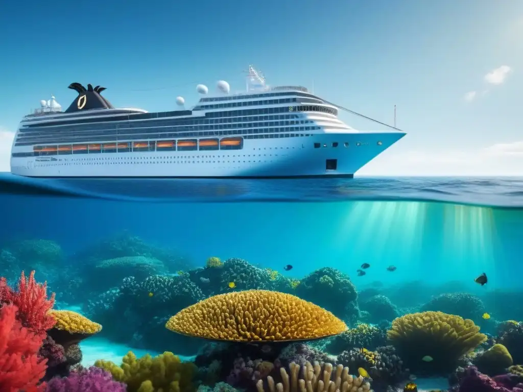 Un crucero futurista navega entre arrecifes de coral, simbolizando el Turismo de cruceros sostenible