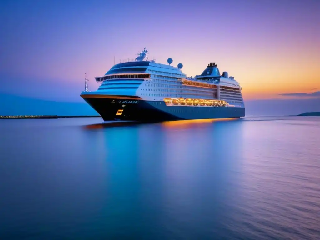 Un crucero futurista al atardecer, destacando innovaciones tecnológicas en cruceros con diseño vanguardista y luces LED