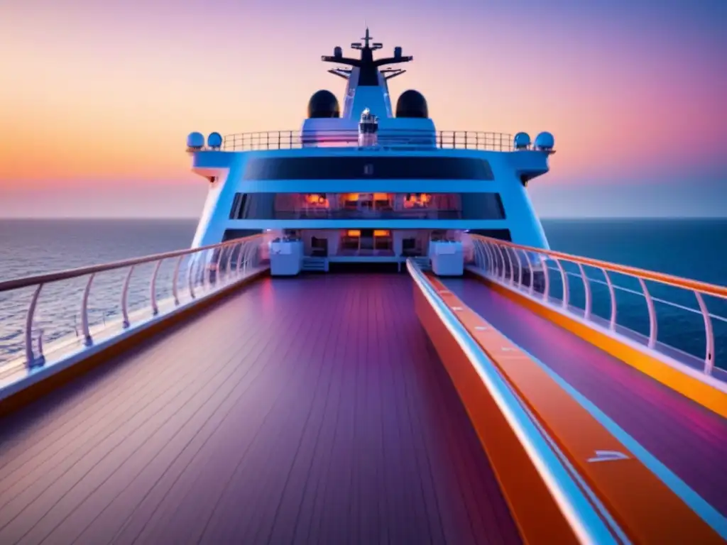 Un crucero futurista al atardecer con innovaciones en seguridad en cruceros