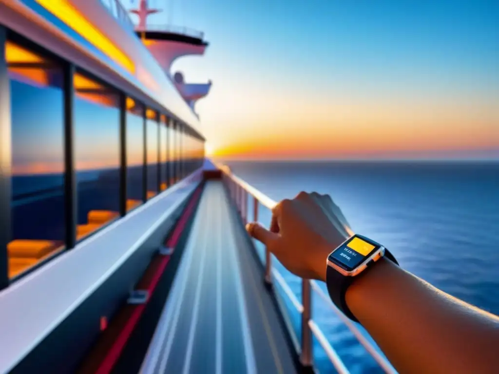 Un crucero futurista al atardecer con pulseras y tarjetas RFID para Pago sin contacto en cruceros