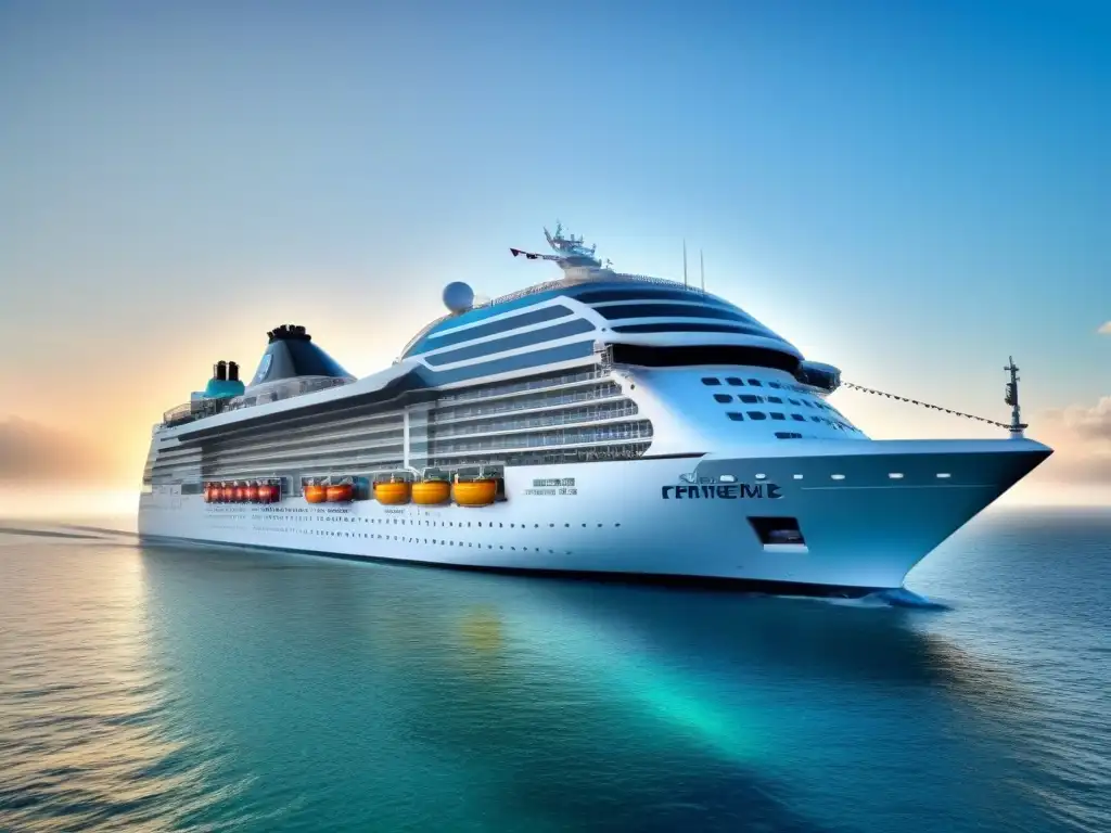 Crucero futurista con tecnología eco en aguas cristalinas Un crucero futurista con avanzados sistemas de gestión de residuos, destacando la reducción de desperdicio en cruceros marítimos
