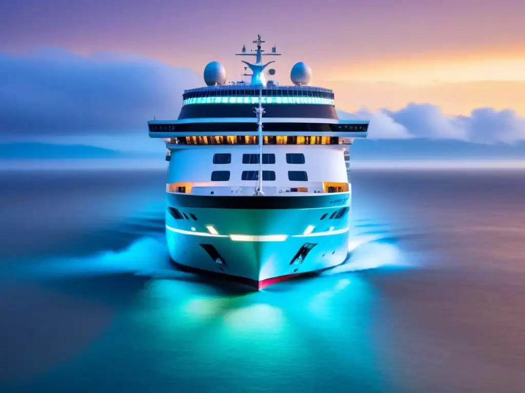 Un crucero futurista navega entre bloques digitales, resaltando la seguridad de transacciones en la industria de cruceros con blockchain