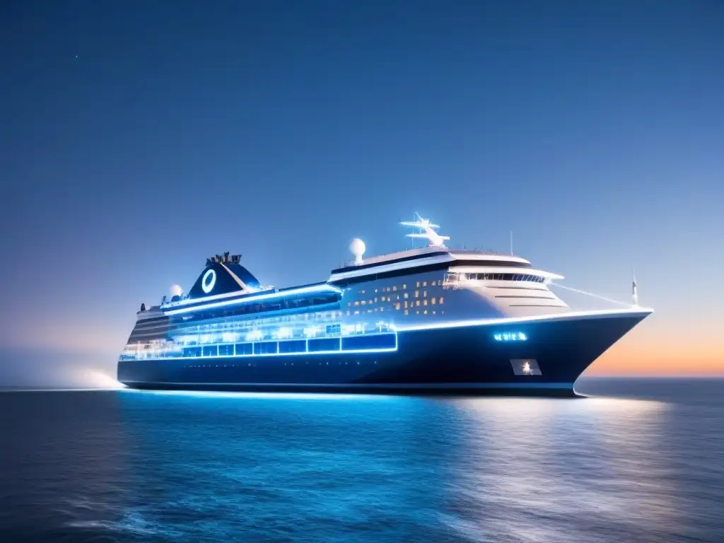 Un crucero futurista navegando bajo el cielo estrellado, con innovaciones en seguridad en cruceros