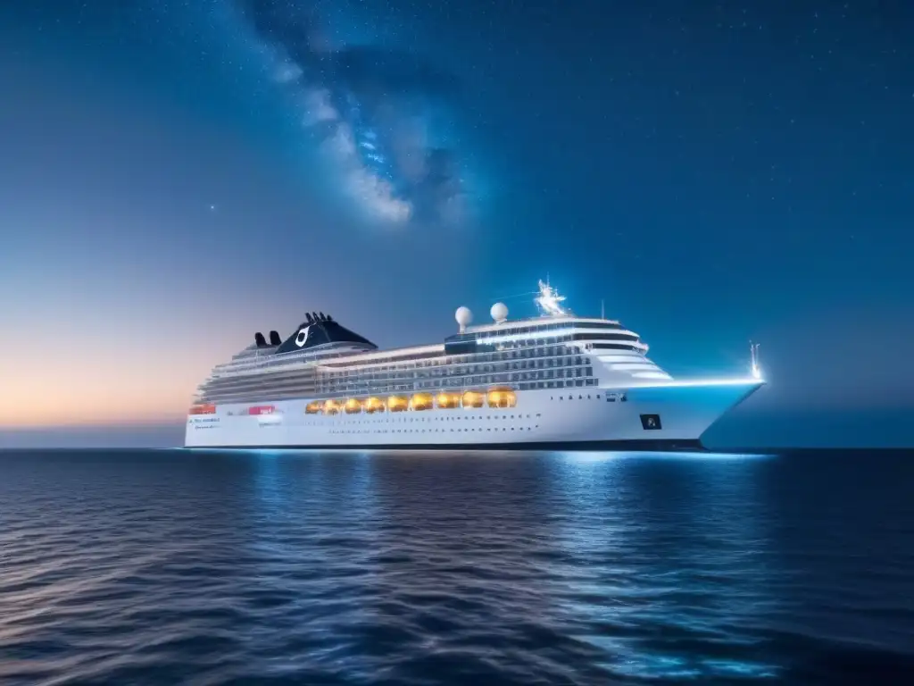 Un crucero futurista navega bajo un cielo estrellado y la Vía Láctea, transmitiendo paz y seguridad cibernética en cruceros