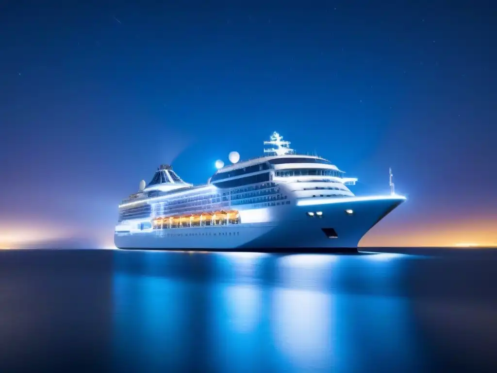 Un crucero futurista navega bajo un cielo estrellado en aguas tranquilas, iluminado con luces suaves