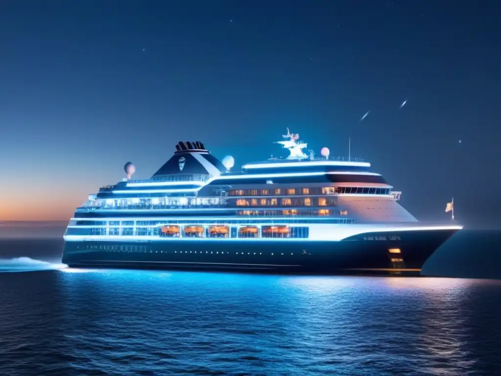 Un crucero futurista navega bajo un cielo estrellado, iluminado por luces suaves