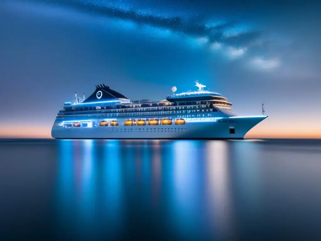 Un crucero futurista navegando bajo un cielo estrellado en aguas cristalinas