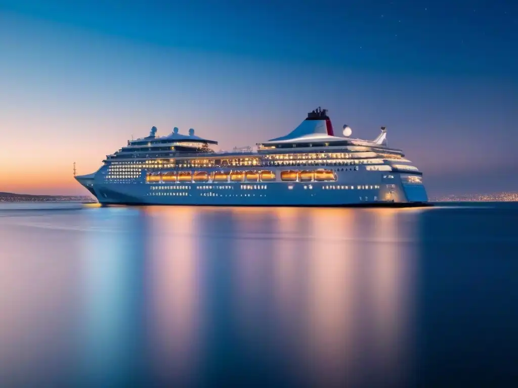 Un crucero futurista navega bajo un cielo estrellado, con luces de ciudad reflejándose en el mar