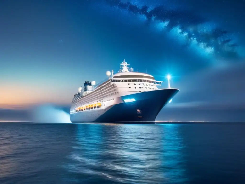 Un crucero futurista navega bajo un cielo estrellado mientras un satélite proporciona servicios de internet en cruceros