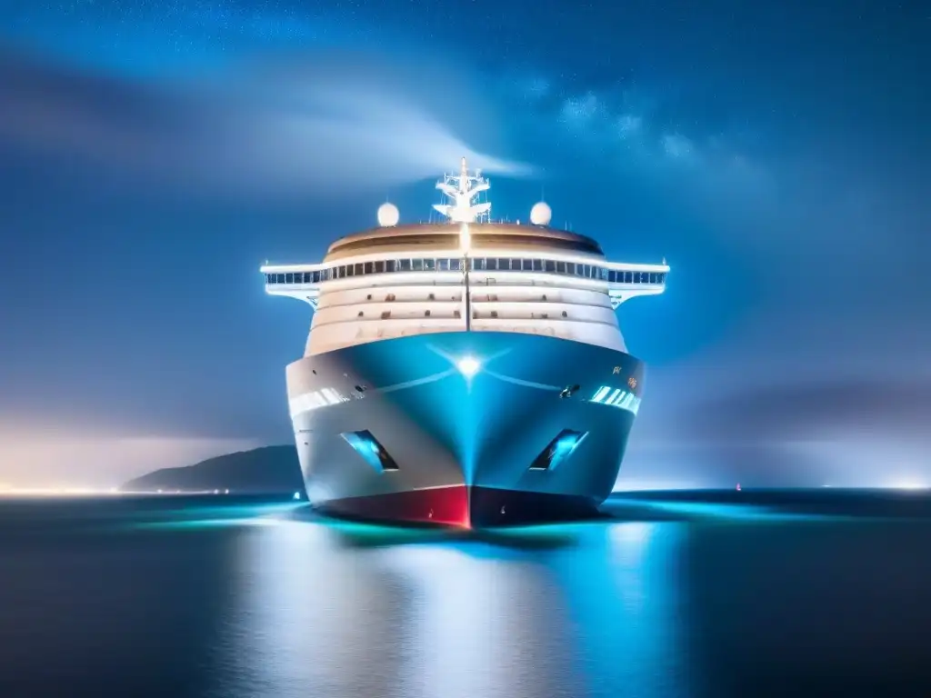 Un crucero futurista navega bajo un cielo estrellado y aguas cristalinas, transmitiendo seguridad y sofisticación con tecnología blockchain integrada