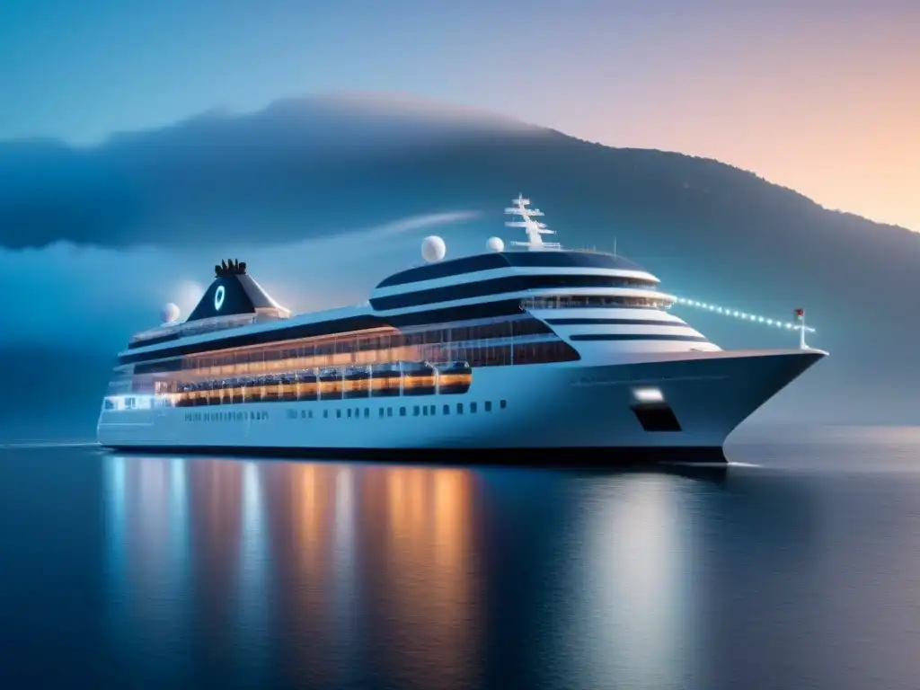 Un crucero futurista navega bajo un cielo estrellado con un sistema de reserva seguro de cruceros Blockchain