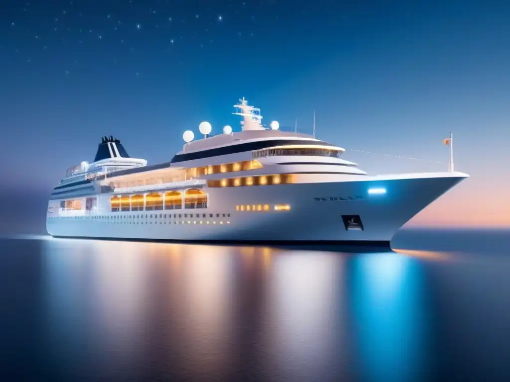 Un crucero futurista bajo un cielo estrellado, iluminado por una suave luz cálida