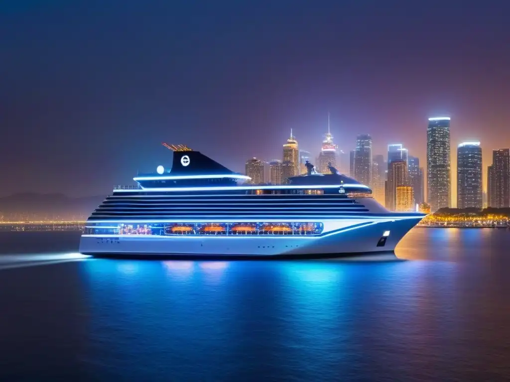 Un crucero futurista deslizándose por una ciudad neón al anochecer, reflejándose en el agua