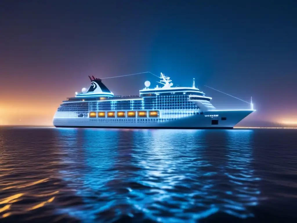 Un crucero futurista navega entre códigos binarios, simbolizando la Seguridad cibernética en cruceros