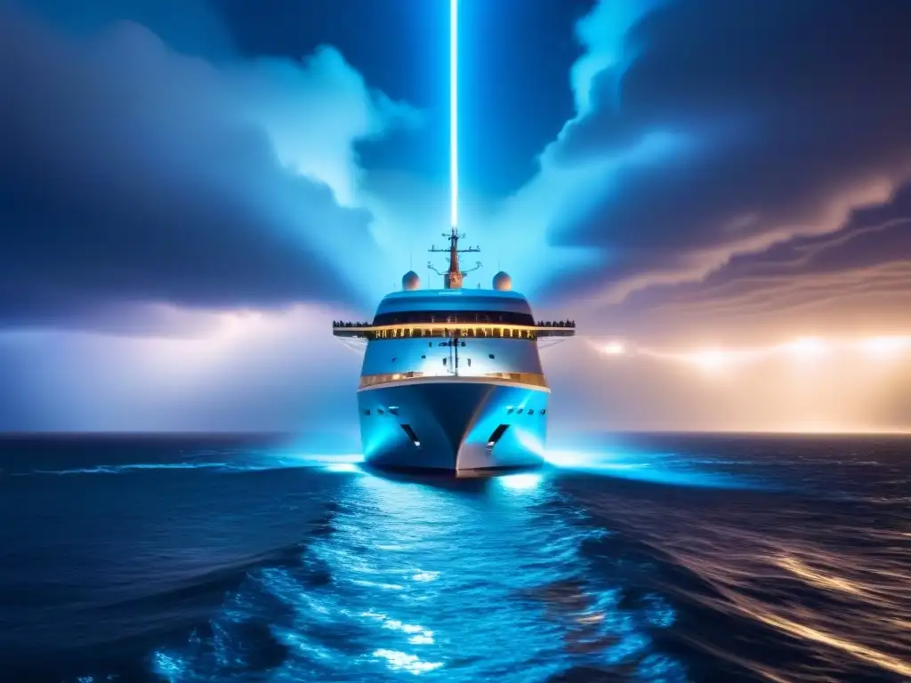Un crucero futurista navegando entre códigos binarios brillantes, simbolizando la seguridad cibernética en cruceros
