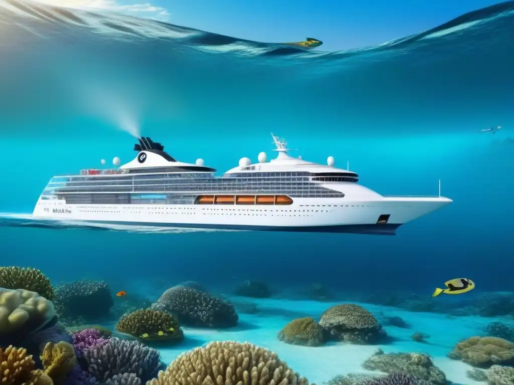 Un crucero futurista navegando entre corales y tortugas marinas, con energía solar y eólica