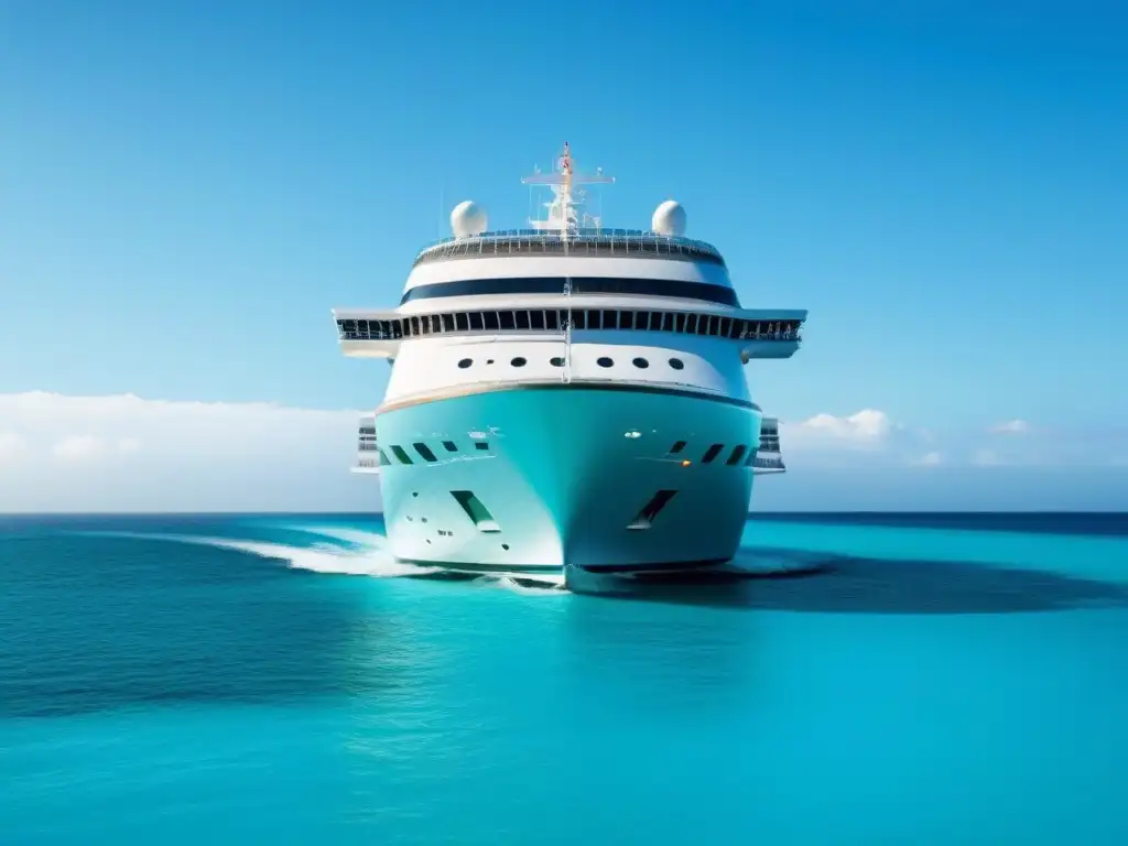 Crucero futurista surcando aguas cristalinas Un crucero futurista corta aguas turquesas, mostrando innovación en cruceros turísticos