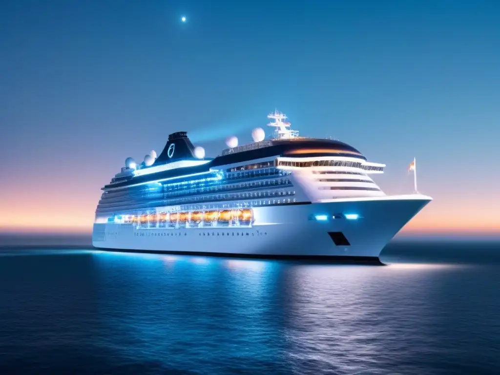 Un crucero futurista con diseño blockchain navega en aguas cristalinas bajo un cielo estrellado