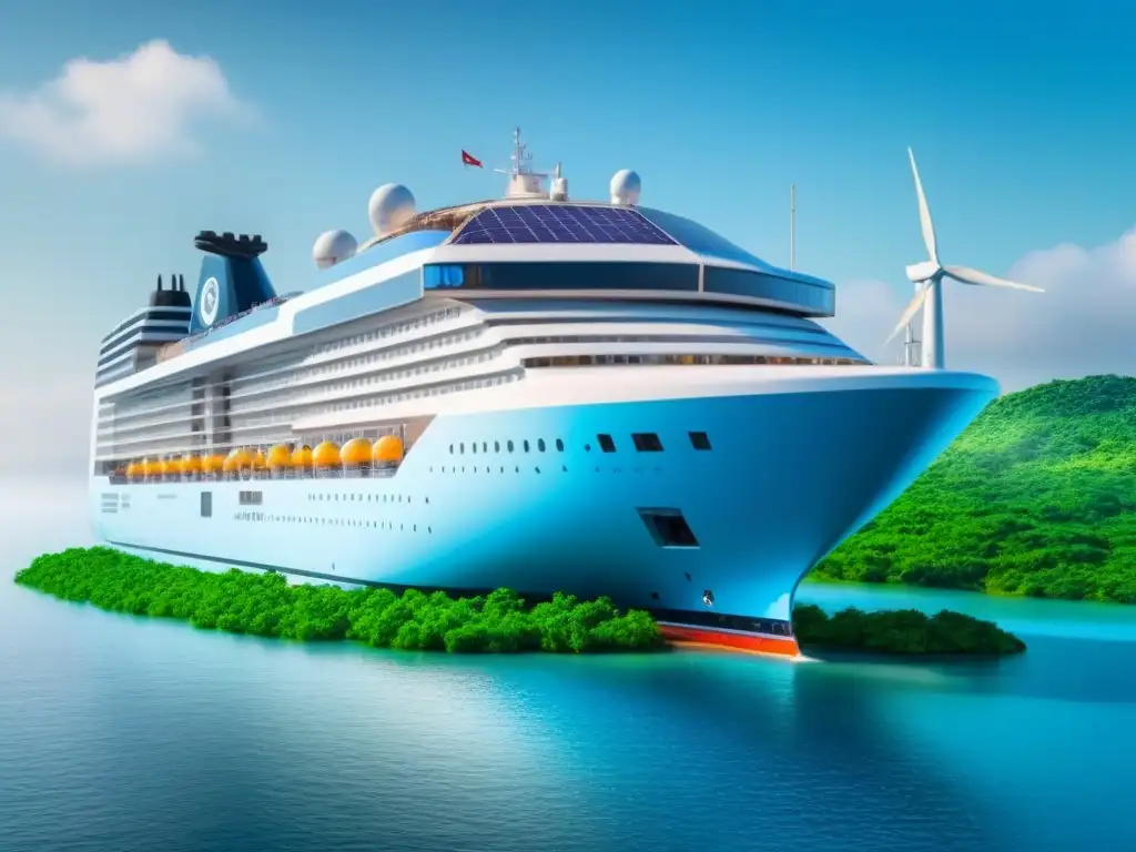 Crucero futurista ecoamigable con energías renovables y rodeado de naturaleza exuberante