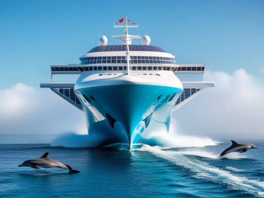 Un crucero futurista ecofriendly surca el mar con delfines, evocando tranquilidad y practicas responsables