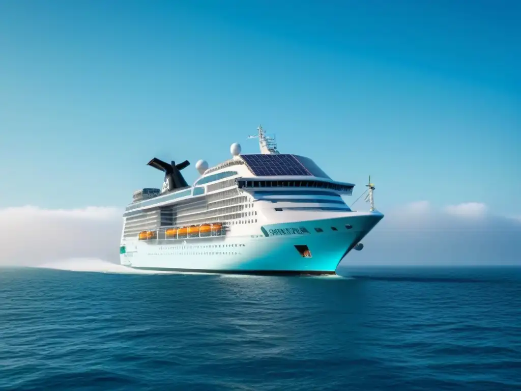 Un crucero futurista ecofriendly con paneles solares y turbinas eólicas, rodeado de vida marina colorida y delfines