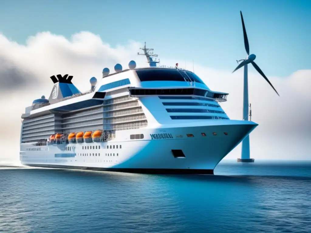 Un crucero futurista y ecológico surca aguas cristalinas bajo un cielo despejado, mostrando tecnología ecológica en cruceros