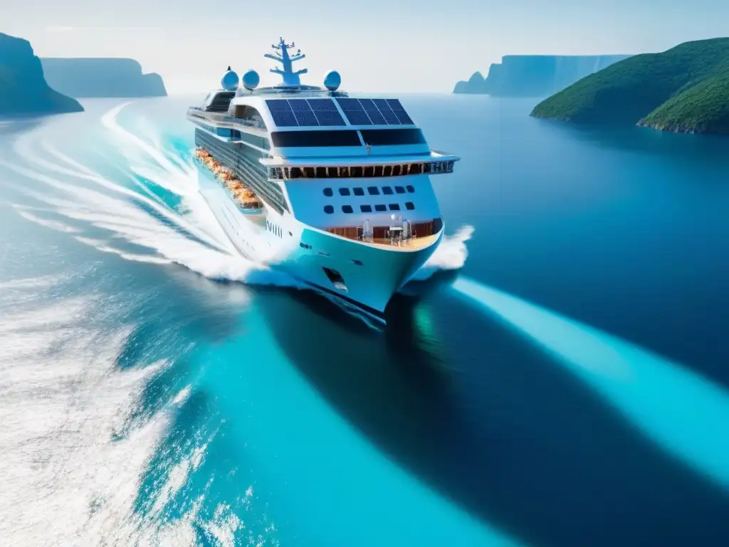 Un crucero futurista y ecológico surca aguas turquesas, con paneles solares brillando bajo el sol