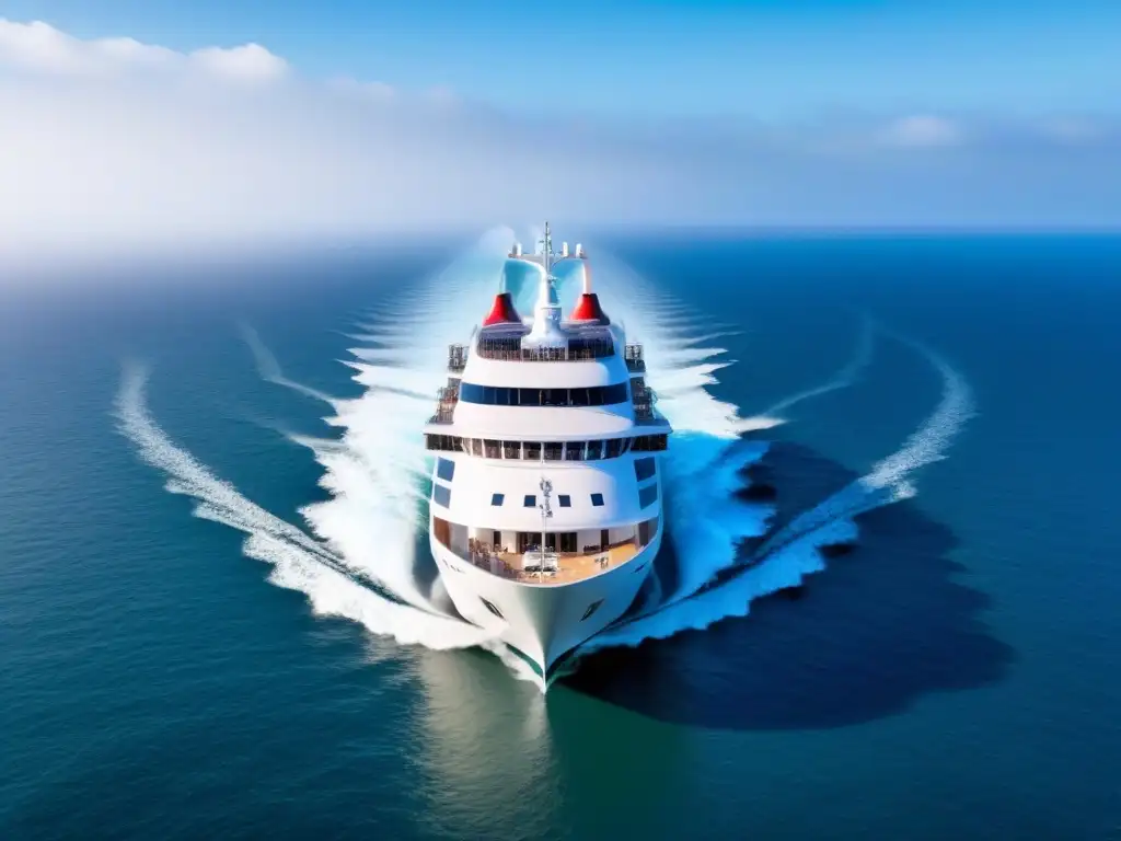 Un crucero futurista y ecológico, con paneles solares y turbinas eólicas, surcando aguas cristalinas bajo un cielo despejado