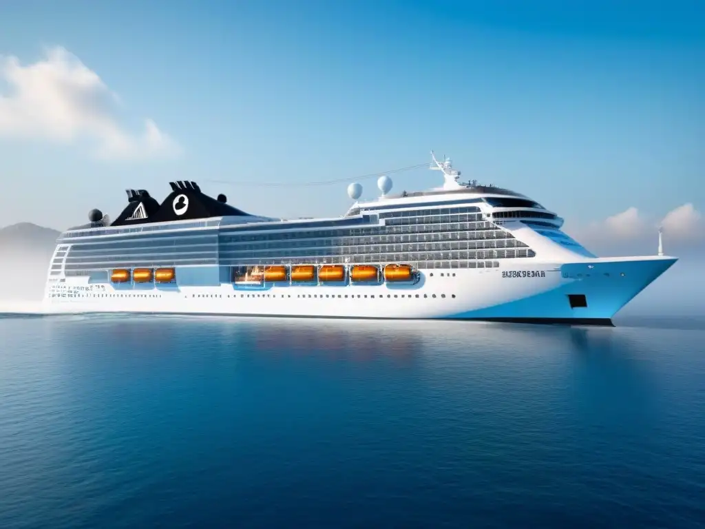 Un crucero futurista eficiente navega en aguas cristalinas bajo un cielo despejado, transmitiendo innovación y sostenibilidad en cruceros marítimos