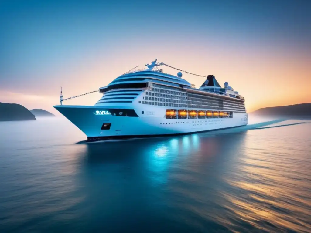 Un crucero futurista navega con elegancia en aguas cristalinas, con símbolos de tecnología blockchain integrados sutilmente en su diseño