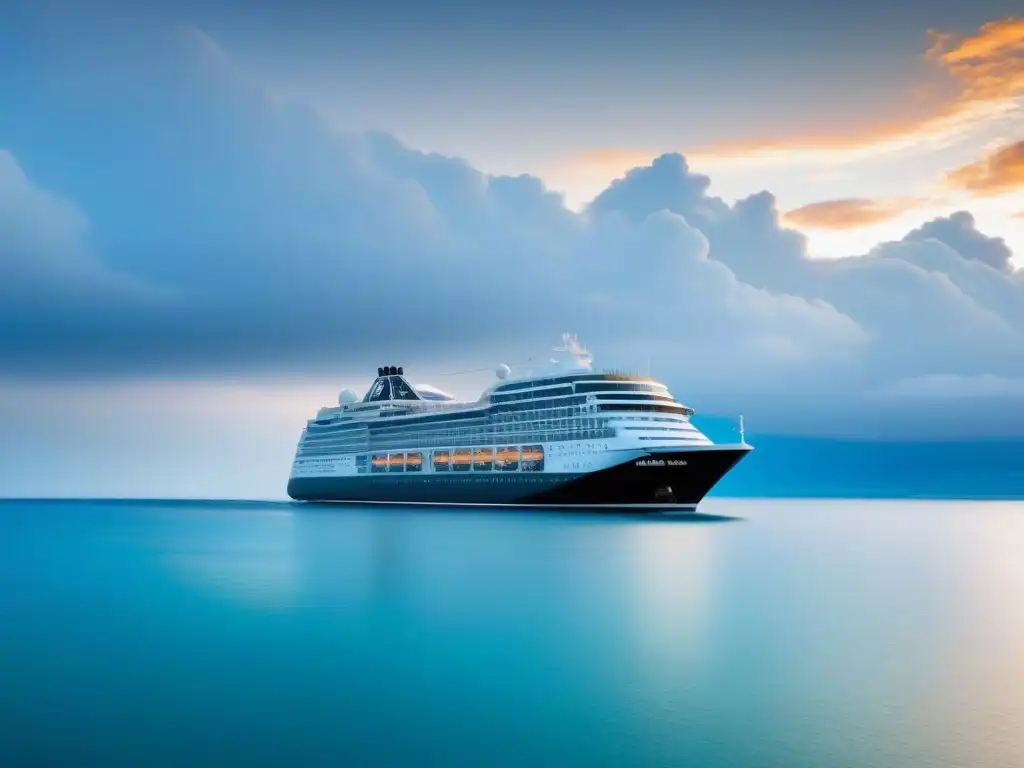 Un crucero futurista navega con elegancia en aguas cristalinas, mostrando innovación y tecnología