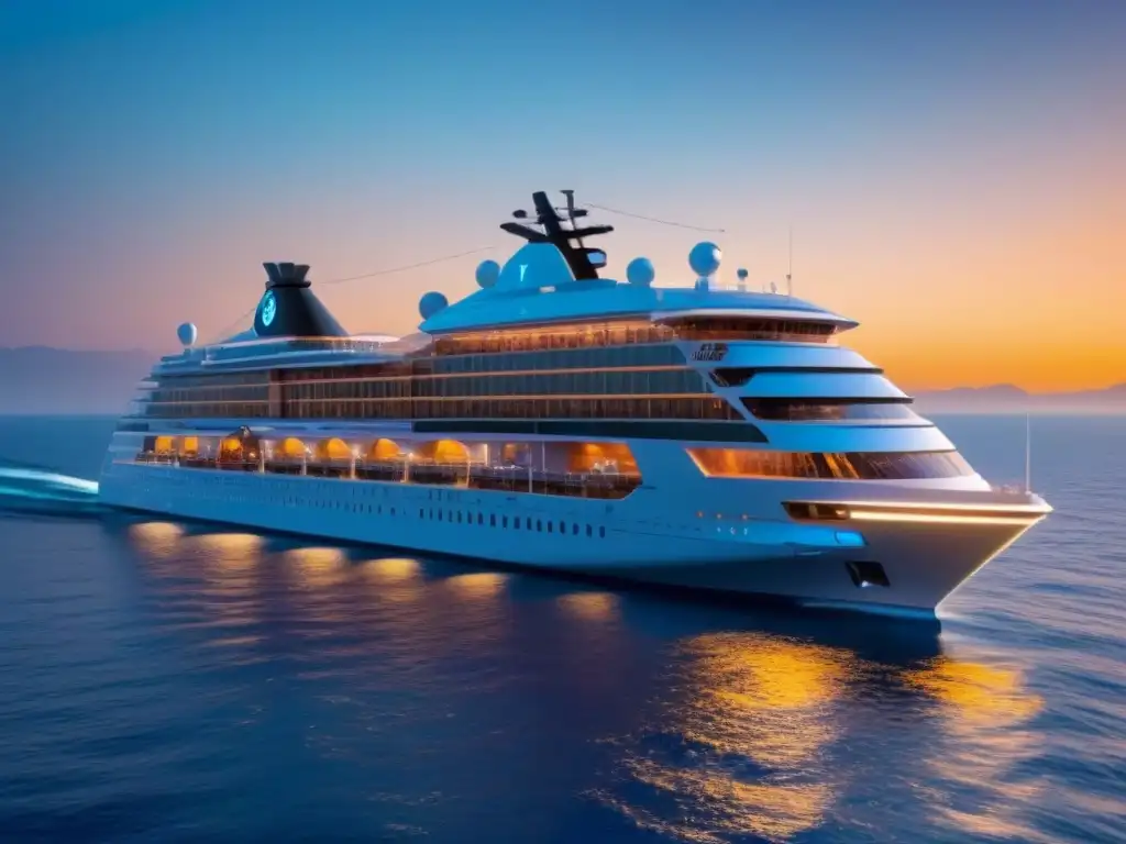 Un crucero futurista navegando con elegancia en aguas cristalinas al atardecer, fusionando criptomonedas con lujo en turismo marítimo