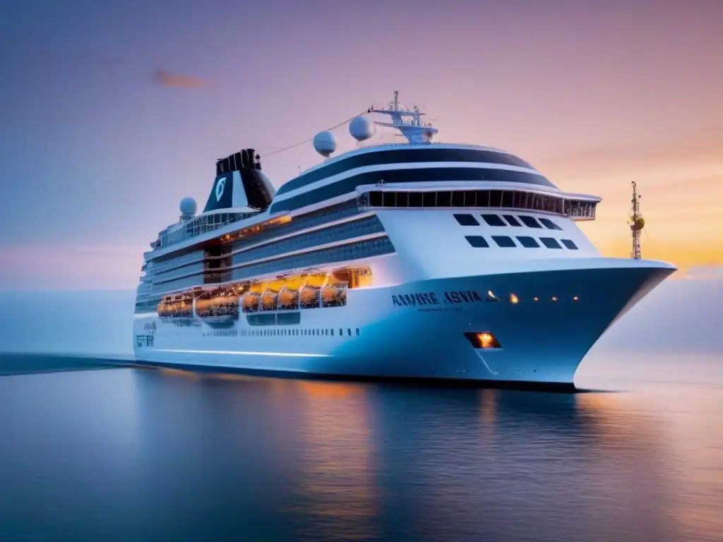 Un crucero futurista navega elegante en un mar sereno al atardecer, reflejando las cálidas luces del sol