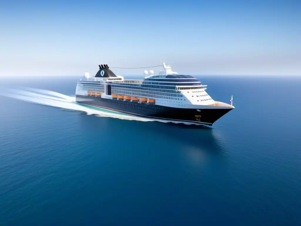 Un crucero futurista con energía sostenible navega en un mar cristalino, destacando medidas cruceros cambio climático