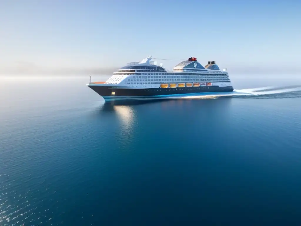 Un crucero futurista con energías renovables surca aguas cristalinas bajo el sol radiante