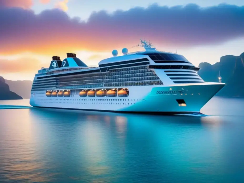 Un crucero futurista con energías renovables navegando en aguas turquesas al atardecer