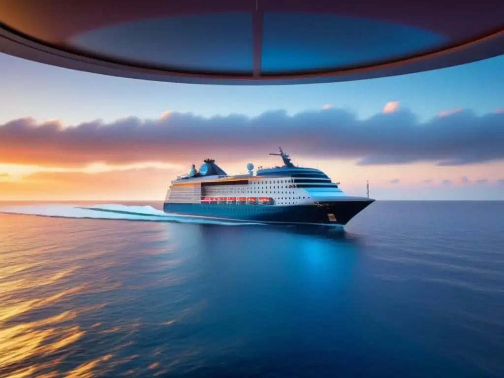 Crucero futurista con IA, navegando en el océano azul, atmósfera serena y tecnológica