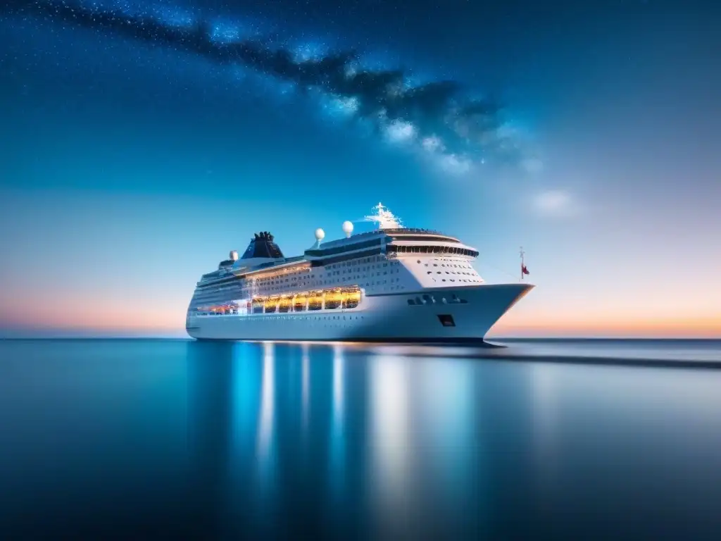 Un crucero futurista iluminado navegando en aguas cristalinas bajo un cielo estrellado, con símbolos de criptomonedas integrados en su diseño