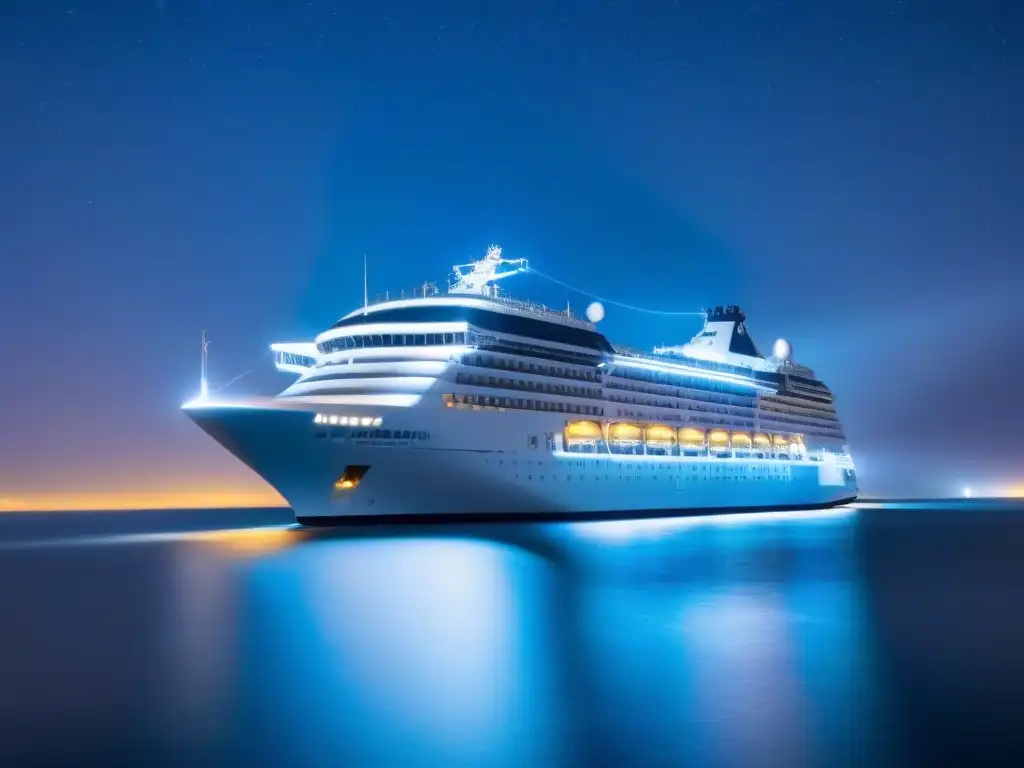 Un crucero futurista iluminado, navegando en aguas tranquilas bajo un cielo estrellado