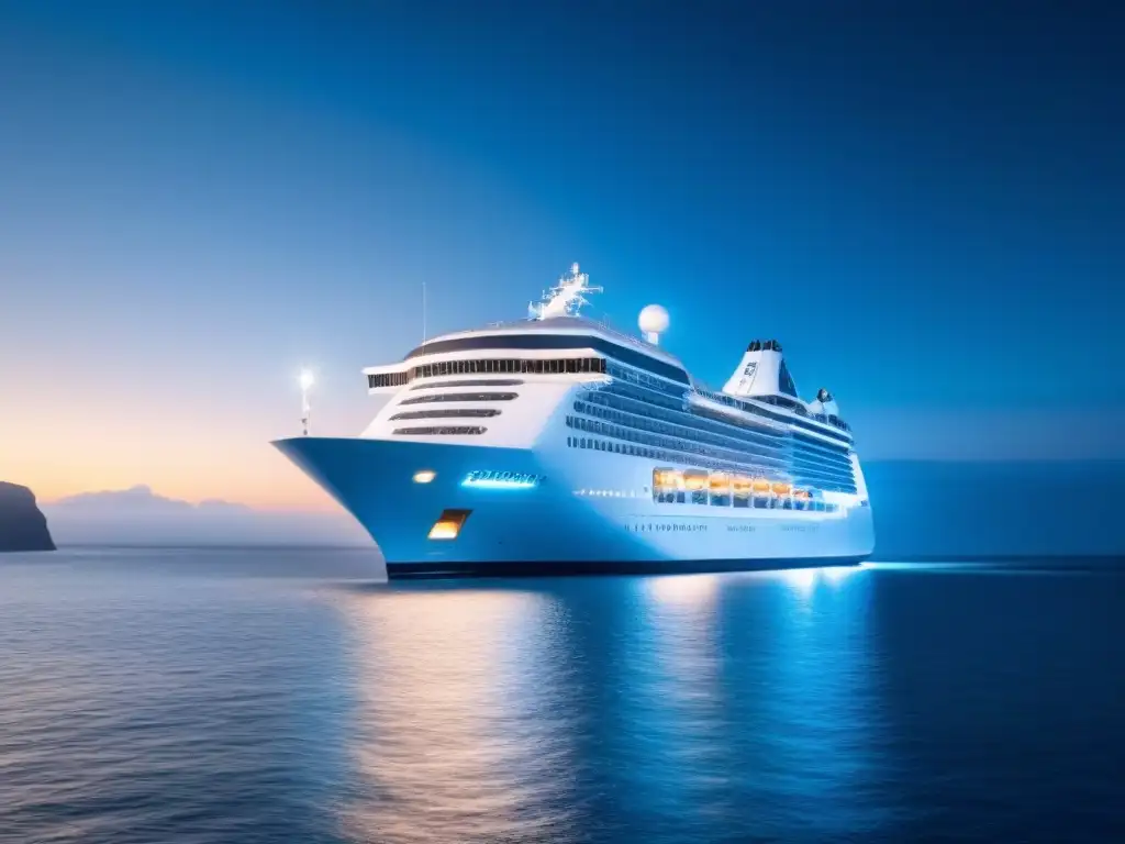 Un crucero futurista iluminado en un océano cristalino bajo un cielo estrellado, con ciberseguridad en cruceros