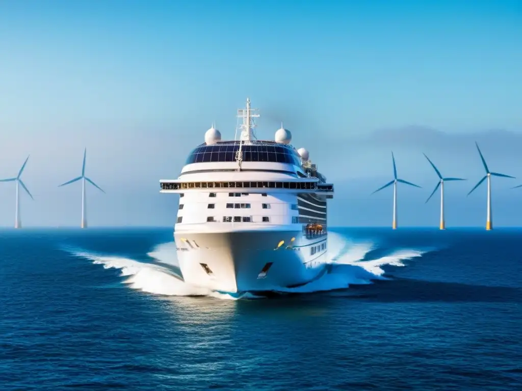 Un crucero futurista con innovaciones en eficiencia energética navegando en un océano reluciente bajo un cielo azul claro