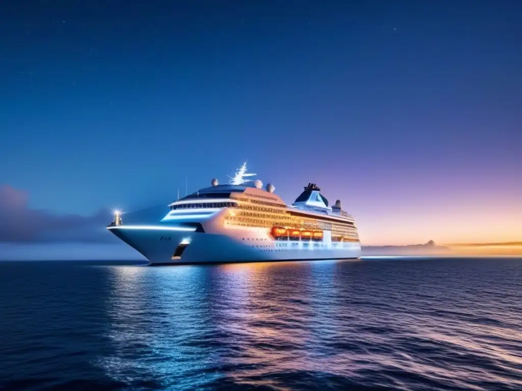 Crucero futurista con innovaciones seguridad marítima en noche estrellada sobre el mar