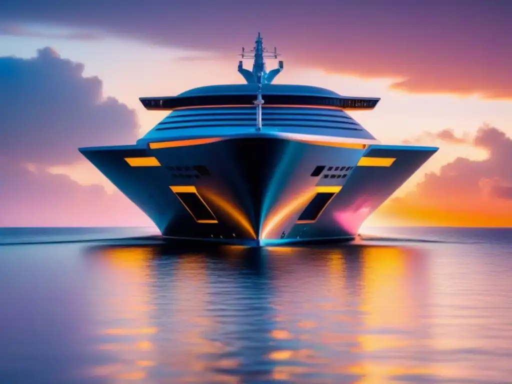 Un crucero futurista con innovaciones tecnológicas navegando al atardecer