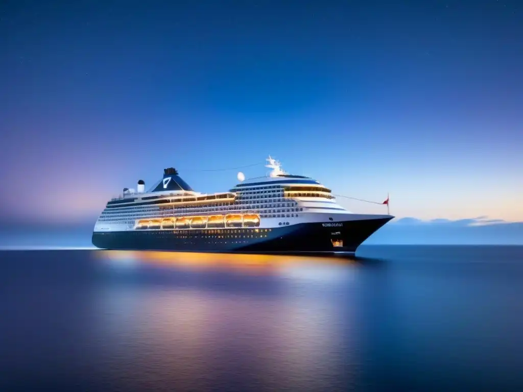 Un crucero futurista de Holland America Line surcando un océano sereno bajo un cielo estrellado, fusionando historia y modernidad