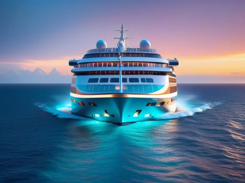 Un crucero futurista de lujo navegando en aguas turquesas al atardecer, destacando la personalización inteligente en cruceros